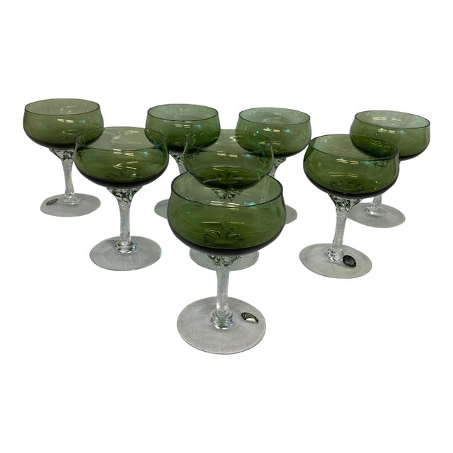 Vintage Sasaki Hand Blown Avocado Green Champagne Goblets - Set of 8 For Sale