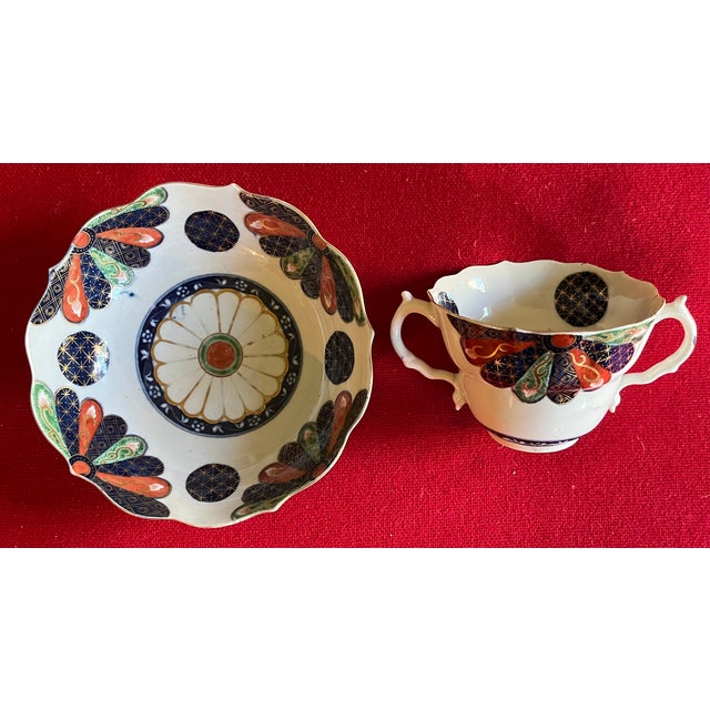 Antique 18th Century Worcester Porcelain Imari Chocolate or Caudle Cup & Saucer in the Japan Fan Pattern Circa 1765 - 1775 For Sale - Image 9 of 18
