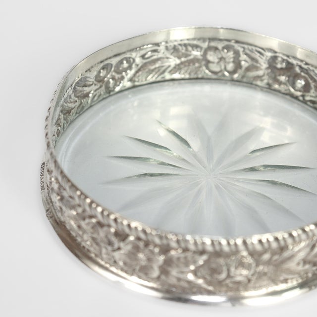 Antique Set of 8 S. Kirk & Son Repousse Sterling Silver & Cut Glass Coasters For Sale - Image 17 of 18