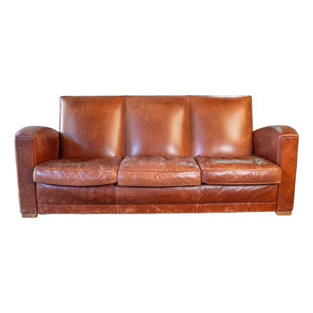 Vintage Art Deco Cognac Leather Sofa For Sale