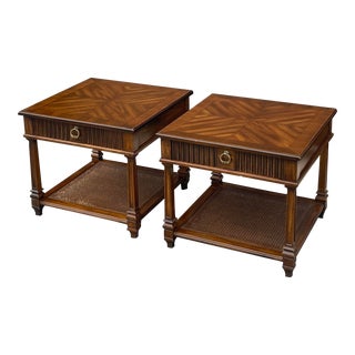 Vintage Ethan Allen Classic Manor Traditional Side Tables With Cane Shelves - a Pair (15-8302) For Sale