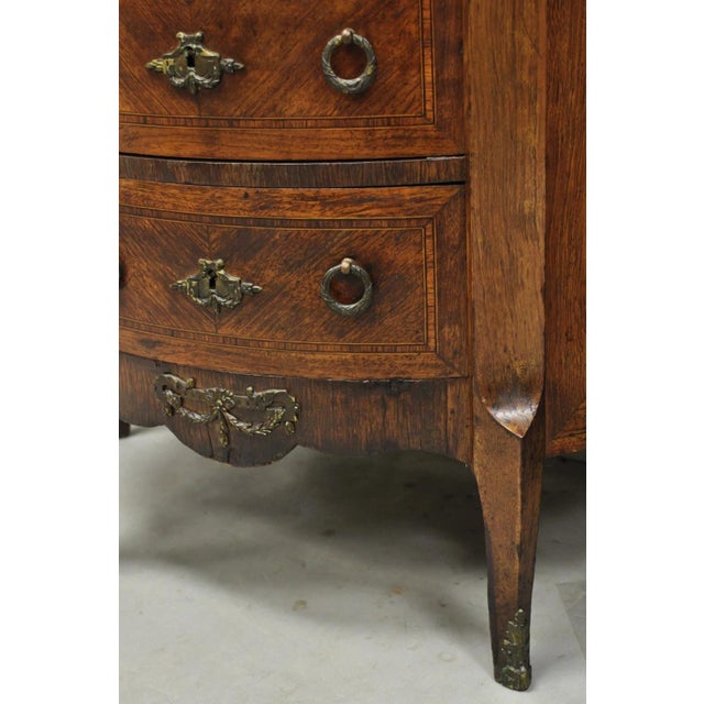 Antique French Louis XV Style Demilune Marble Top 4 Drawer Nightstand Table Pair For Sale - Image 15 of 18