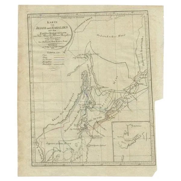 Antique map titled 'Karte von Jesso und Sagalien'. Old map of the region of the island of Yesso (Mororan, Hokkaido,...