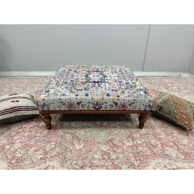 Details SIZE: 13X36X36 Inches ( with legs ) - 33x90x90 cm TYPE: Handmade Ottoman Bench CONDITION: is good. CONSTRUCT: It...