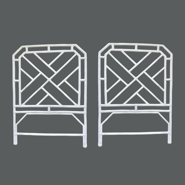 Pair of Mid-Century Chinese Chippendale Fretwork bamboo Twin Headboards - Coastal Regency Add a touch of Palm Beach...