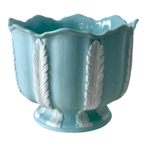 Blue Bisque Planter Bowl with White Leaves
