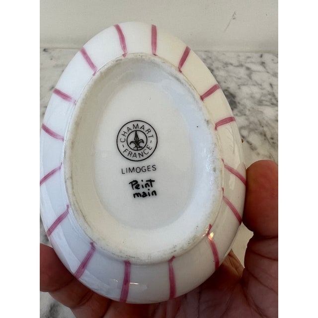 Mid 20th Century Limoges Chamart Pink Pinstriped Porcelain and Brass Egg Shaped Trinket Box - Made in France For Sale - Image 5 of 7