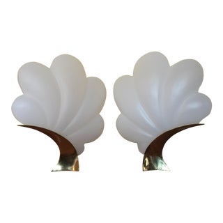 Frosted Acrylic & Polished Brass Rougier Shell Table Lamps - A Pair For Sale