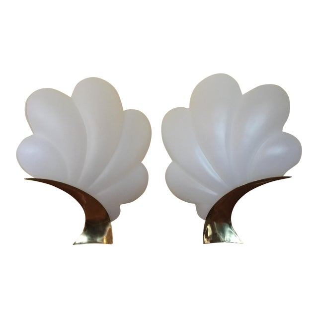 Frosted Acrylic & Polished Brass Rougier Shell Table Lamps - A Pair For Sale