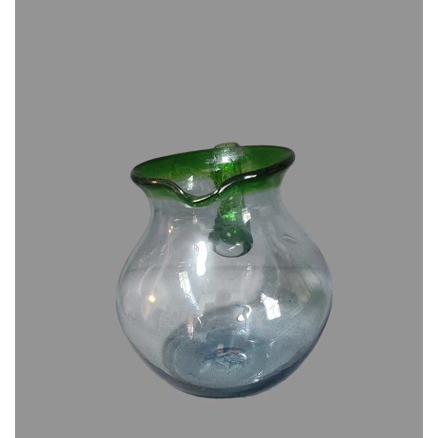 Vintage Colorful Mexican Hand-Blown Art Glass Attached Handle Pitcher Festive Green Rim For Sale - Image 4 of 6