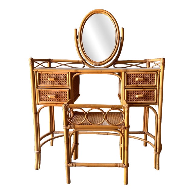 Cane and Bamboo Dressing Table with Oval Mirror and Stool, Set of 2 For Sale