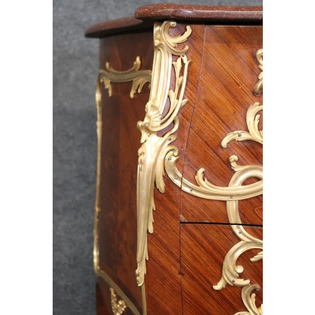 Bronze 19th C. French Louis XV Style Gilt Bronze Mounted Commode – Ornate Kingwood & Mahogany Marble Top Chest For Sale - Image 8 of 10