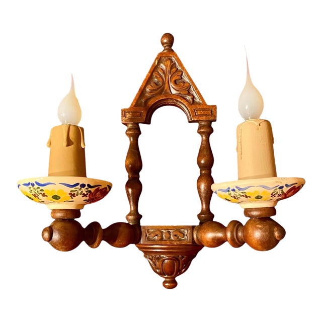 Antique French Carved Walnut and Hand Painted Faience Wall Sconce C 1915 For Sale