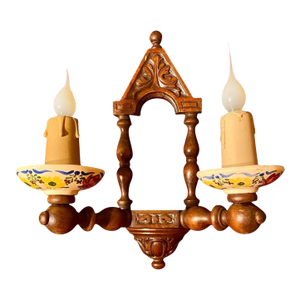 Antique French Carved Walnut and Hand Painted Faience Wall Sconce C 1915