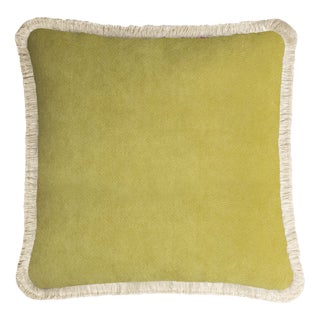 Happy Cushion Cover in Velvet Lime with Dirty White Fringes by Lorenza Briola For Sale