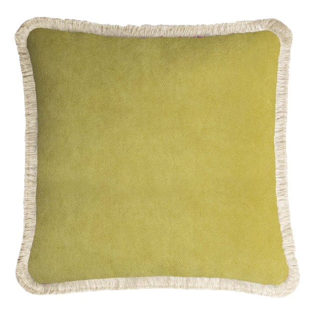 Happy Cushion Cover in Velvet Lime with Dirty White Fringes by Lorenza Briola For Sale