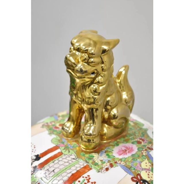 Chinoiserie Vintage Chinese Famille Rose Porcelain Urn Lidded Temple Jar Vase on Base For Sale - Image 3 of 12