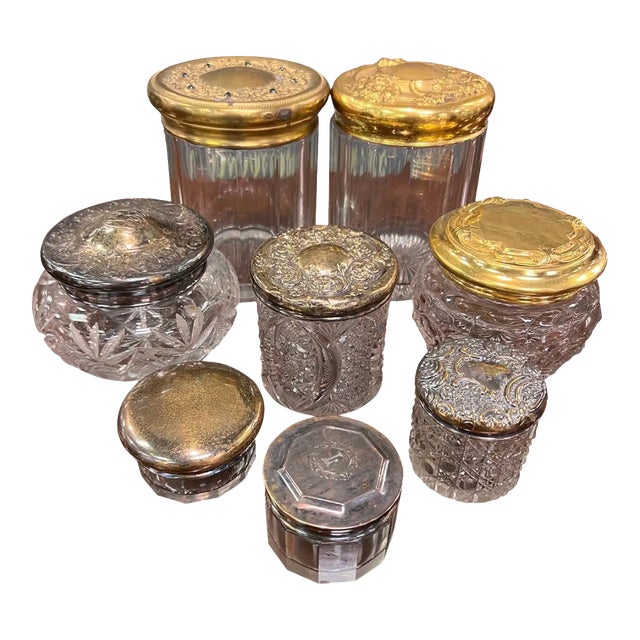 19th Century Grouping of 8 Cut Glass Jars With Sterling and Brass Lids For Sale