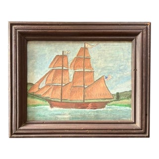 Antique American Folk Art Painting - Clipper Ship With an American Flag For Sale