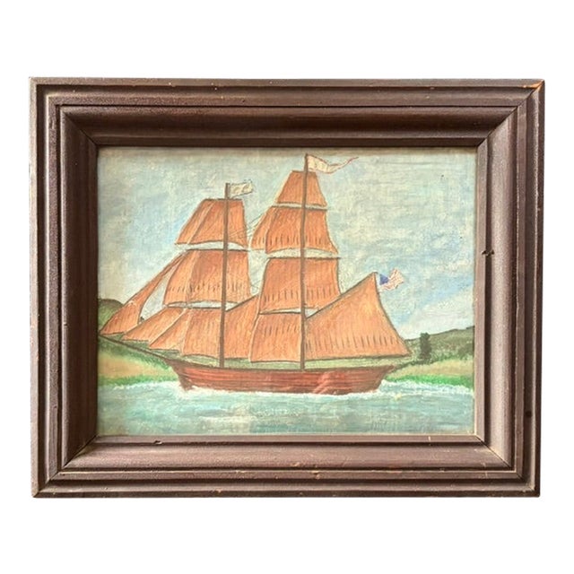 Antique American Folk Art Painting - Clipper Ship With an American Flag For Sale