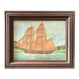 Antique American Folk Art Painting - Clipper Ship With an American Flag