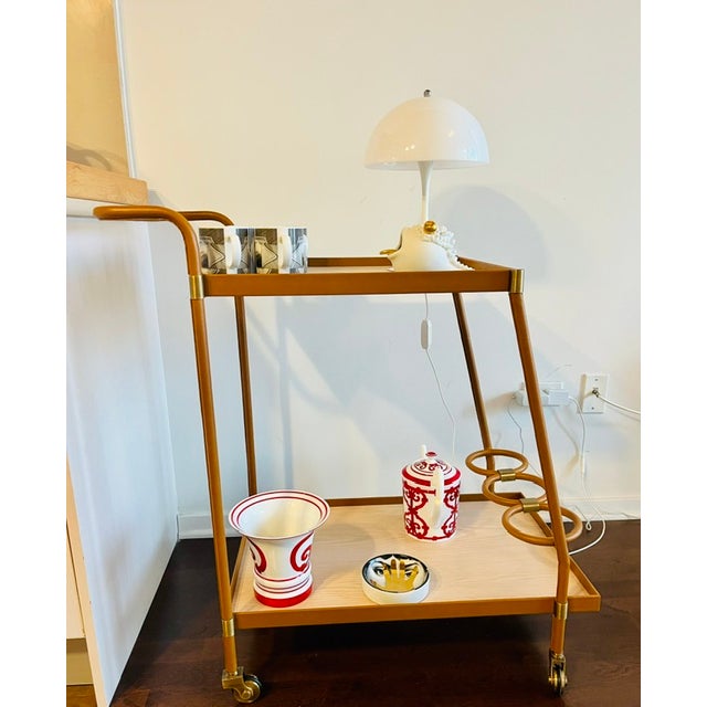 Mid-Century Modern Arteriors Sanders Bar Cart - Brand New - Cognac Leather, Blonde Oak & Antiqued Brass For Sale - Image 3 of 11