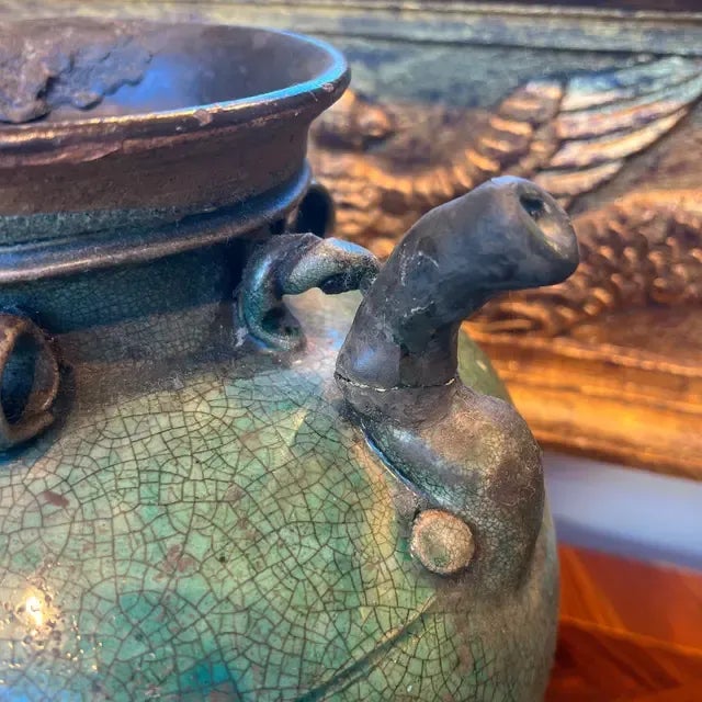 Old Green Ceramic Vase - Vintage Elegance for Stylish Home Decor. Created in Italy.