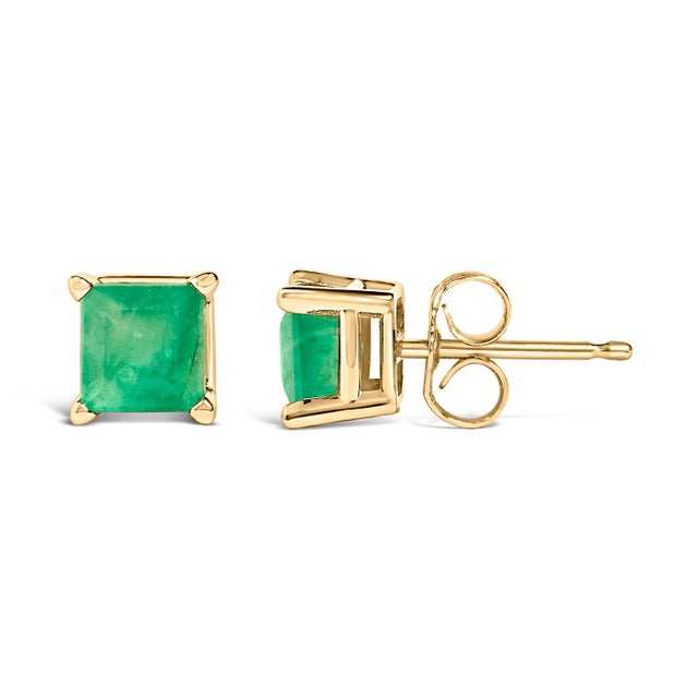 Contemporary 14K Yellow Gold 5x5MM Princess Cut Green Emerald Solitaire Stud Earrings For Sale - Image 3 of 5