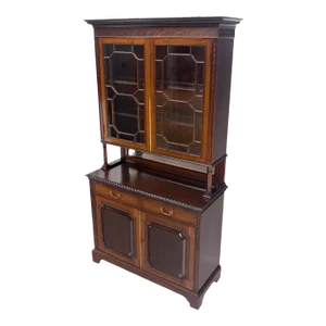 Antique Mahogany Carved Rope Edge Two Part Cupboard Cabinet Server Vitrine