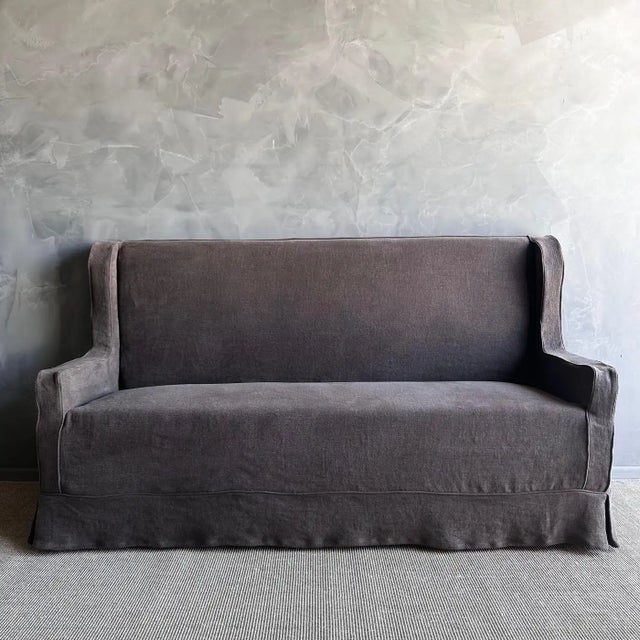 Mid-Century Modern Slip Covered Settee Bench in Stone Washed Linen For Sale - Image 3 of 7