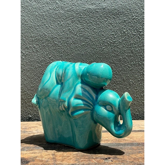 Chinoiserie Vintage Asian Glazed Ceramic Elephant and Boy For Sale - Image 3 of 12