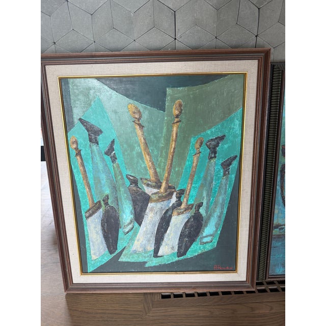 A striking pair of authentic postwar Italian modernist oil paintings by Roman artist Alfonso Parenti, dated 1967. This...