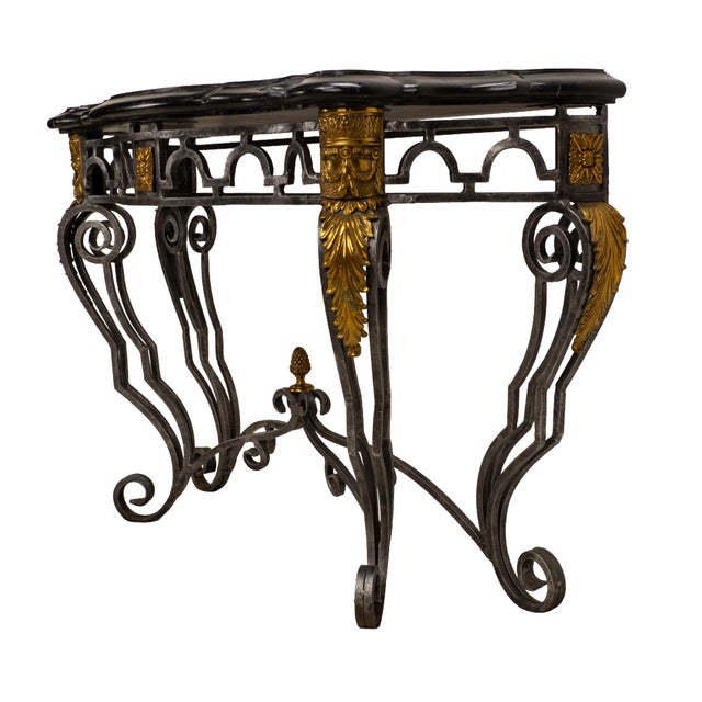 1980s Maitland Smith Tessellated Marble Console Table Wrought Iron Brass French Louis XV Style For Sale - Image 13 of 16