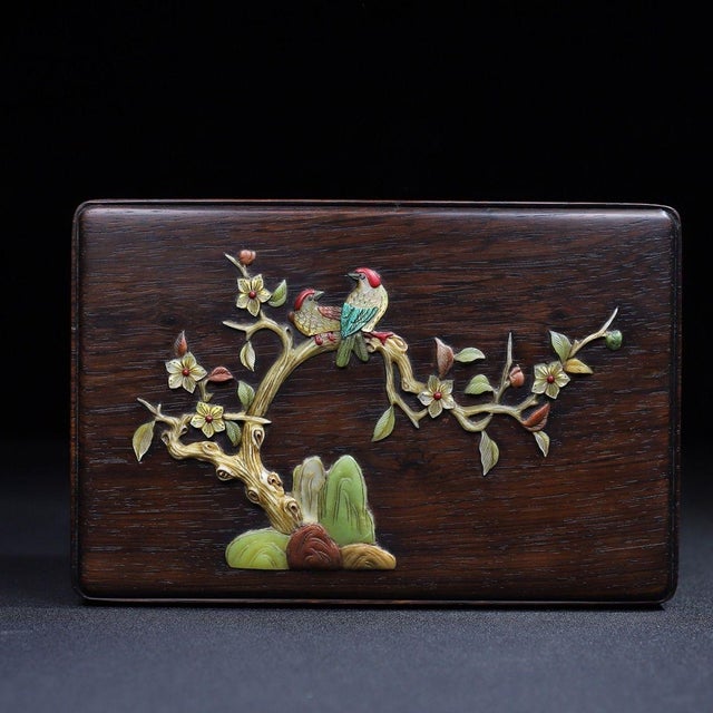 Huali Rosewood Box Inlaid With Hardstone Bird Motif For Sale - Image 4 of 11