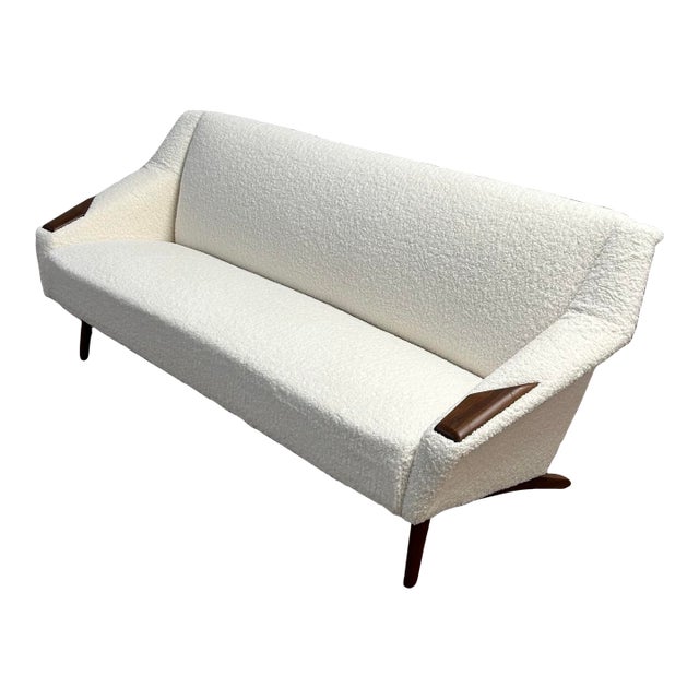 Danish Mid Century Modern Boucle Upholstery & Teak Accent 3 Seat Sofa 1960s For Sale