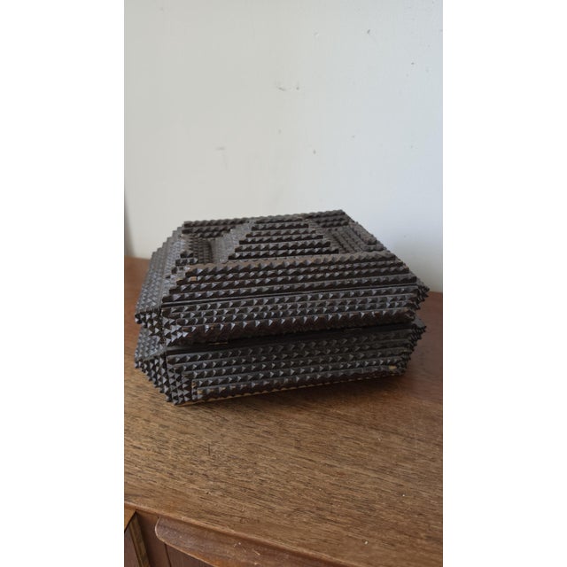 Antique Tramp Art Box, Hand Carved Wooden Keepsake Box, Chip Carved Folk Art Jewelry Box, Primitive Storage Casket, Black Forest Style Decor For Sale - Image 9 of 12