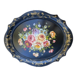 Large Vintage Mid-Century Hand-Painted Floral & Black Tea Tray For Sale