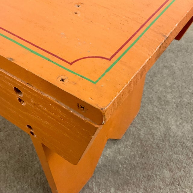Tangerine 1970s Vintage Arts & Crafts Farmhouse Folk Art Painted Pine Bench For Sale - Image 8 of 11