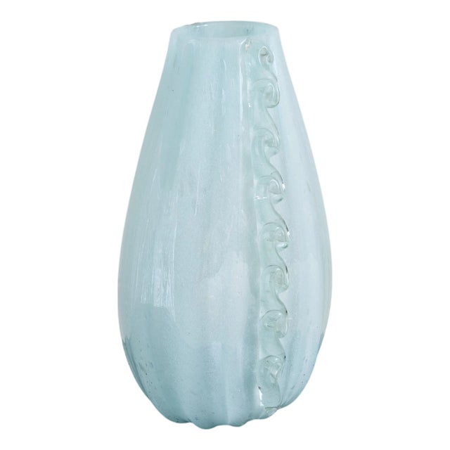 Italian Ice Blue Murano Glass Vase with Wave Appliqué, 1950s For Sale