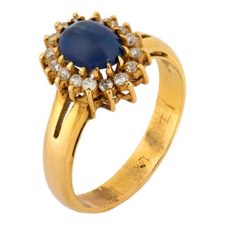 Vintage Cabochon Cut Sapphire Diamond 14k Gold Cluster Ring, Size 6 For Sale