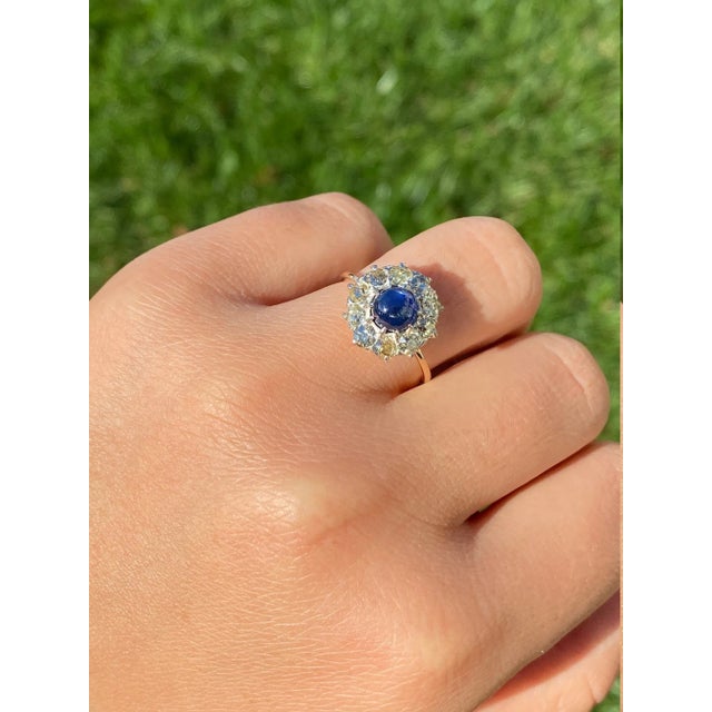 Metal The Tana: Antique Mixed Metal Sapphire Cabochon and Old Mine Cut Diamond Halo Ring For Sale - Image 7 of 9