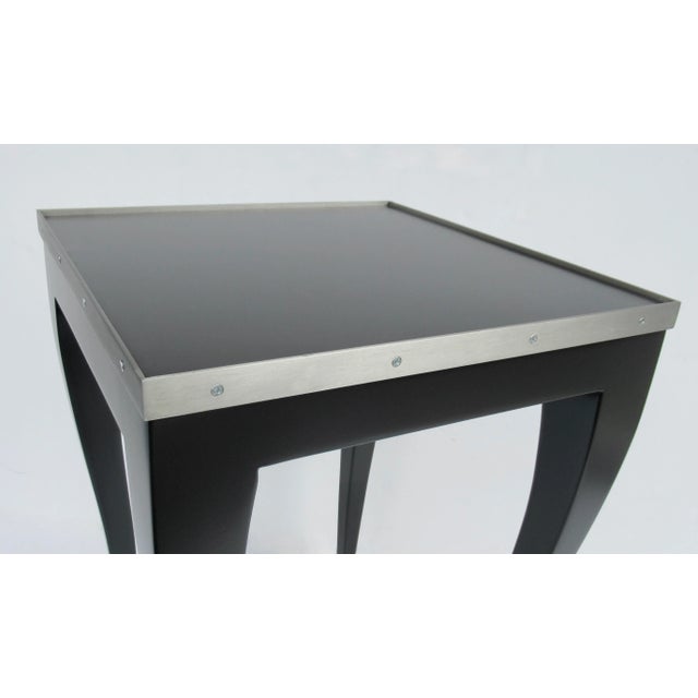 C.1980's Donghia "Essence Collection" - Accent/Side Table in Satin Lacquer Charcoal Black With Brushed Nickel Surround & Sabots For Sale - Image 10 of 12