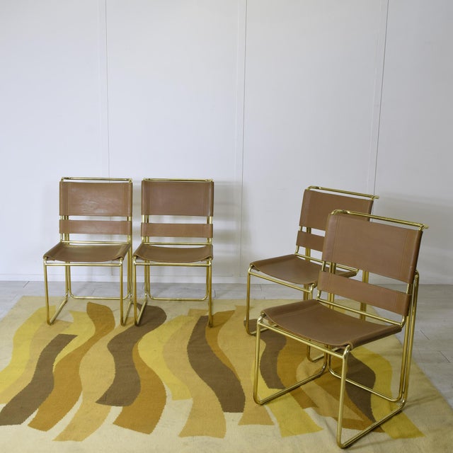 1970s Chairs with Brass Structure and Light Brown Leather Seat by Gastone Rinaldi for Rima Company, 1970s, Set of 4 For Sale - Image 5 of 8