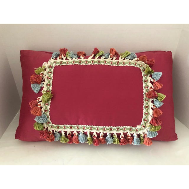 Textile 1990s Custom Made Raspberry Silk Fringe Pillow For Sale - Image 7 of 7