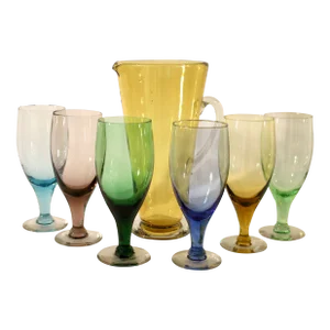 Vintage Multi-Colour Pitcher and Glasses Set- 7 Pieces