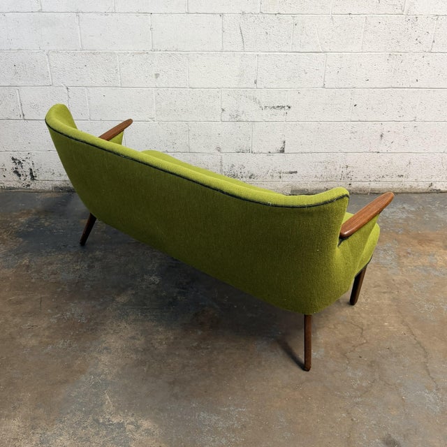 Mid 20th Century Vintage Danish Wingback Sofa With Teak Arms in the Manner of Kurt Olsen, Reupholstery Included For Sale - Image 5 of 13