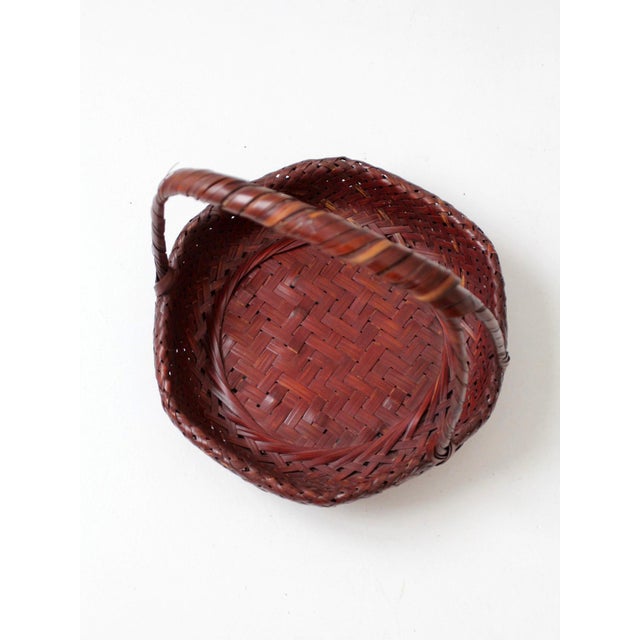 Vintage Hand-Woven Bamboo Basket With Wrapped Handle For Sale - Image 11 of 12