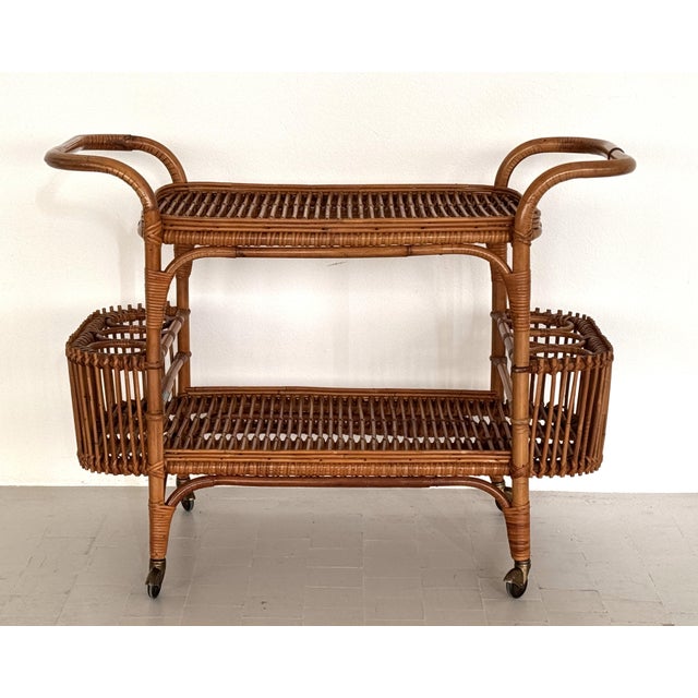 Light Yellow Large Italian Bamboo Bar Cart, 1960s For Sale - Image 8 of 14