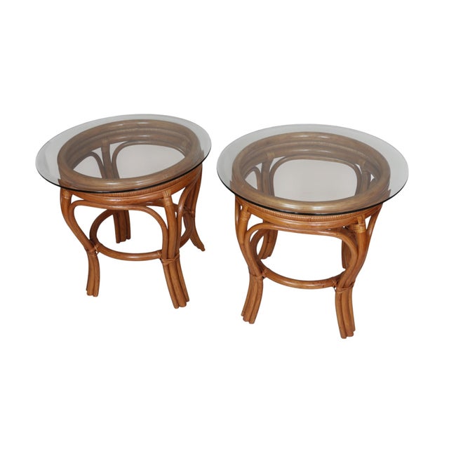 Rustic Bamboo, Rattan and Glass Side Tables, a Pair For Sale - Image 3 of 7