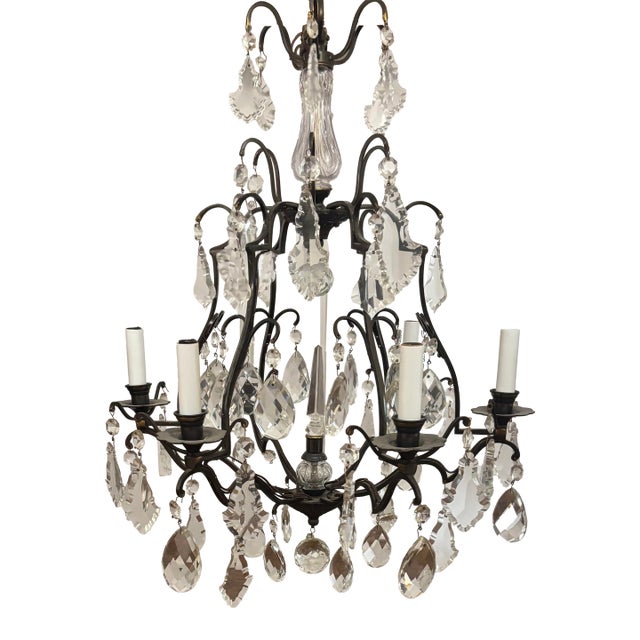 Early 20th Century French Louis XV Style Six Light Bronze or Brass Chandelier With Abundance of Cut Crystal Prisms For Sale